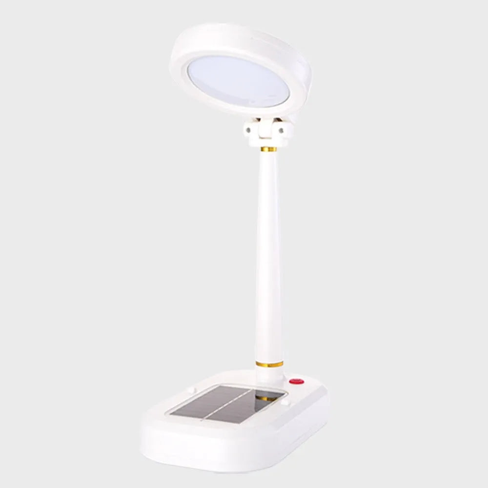 Ivory white solar powered table fan with integrated LED study lamp on desktop