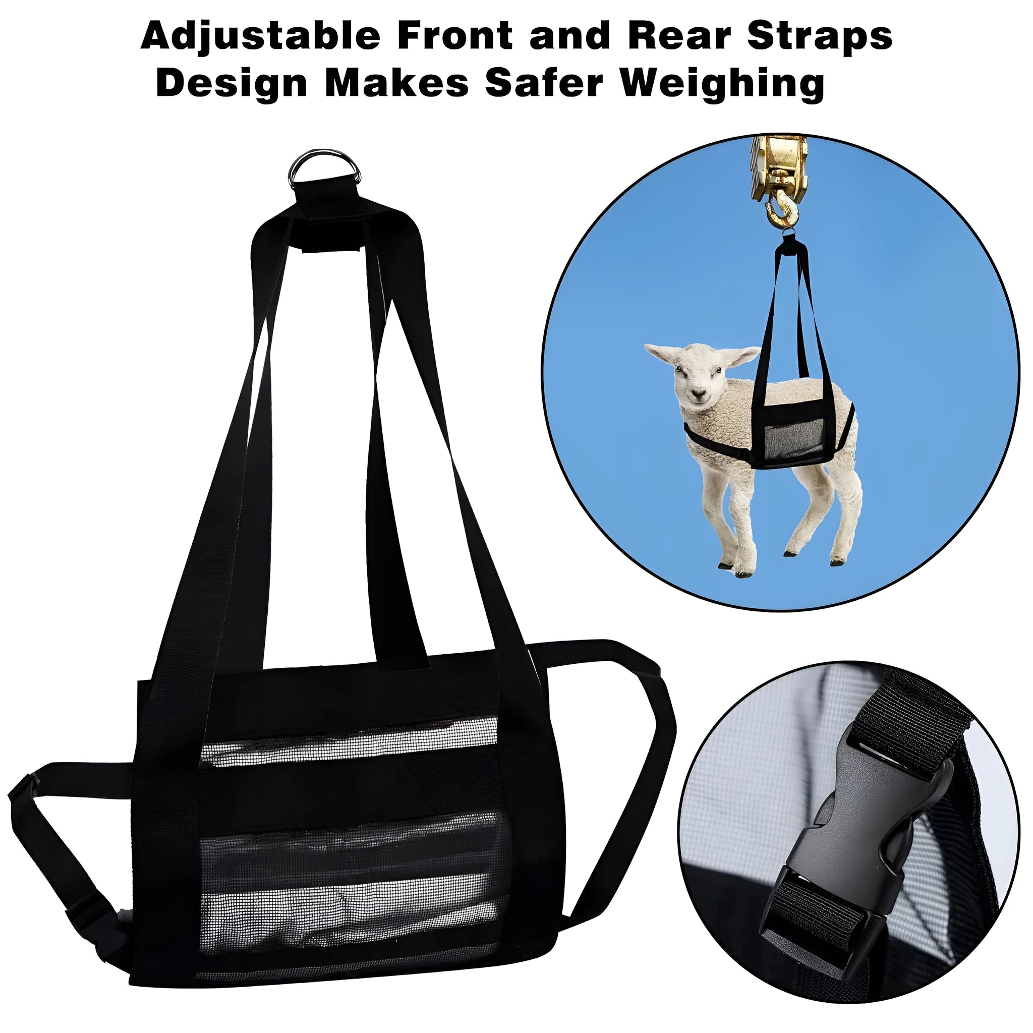 Large black livestock weighing sling measuring 35cm by 150cm with four attachment points.