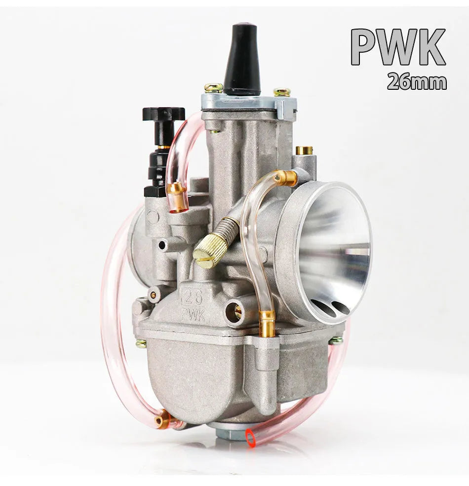 Sandblasted PWK motorcycle carburetor for performance modification, showing bore size options.