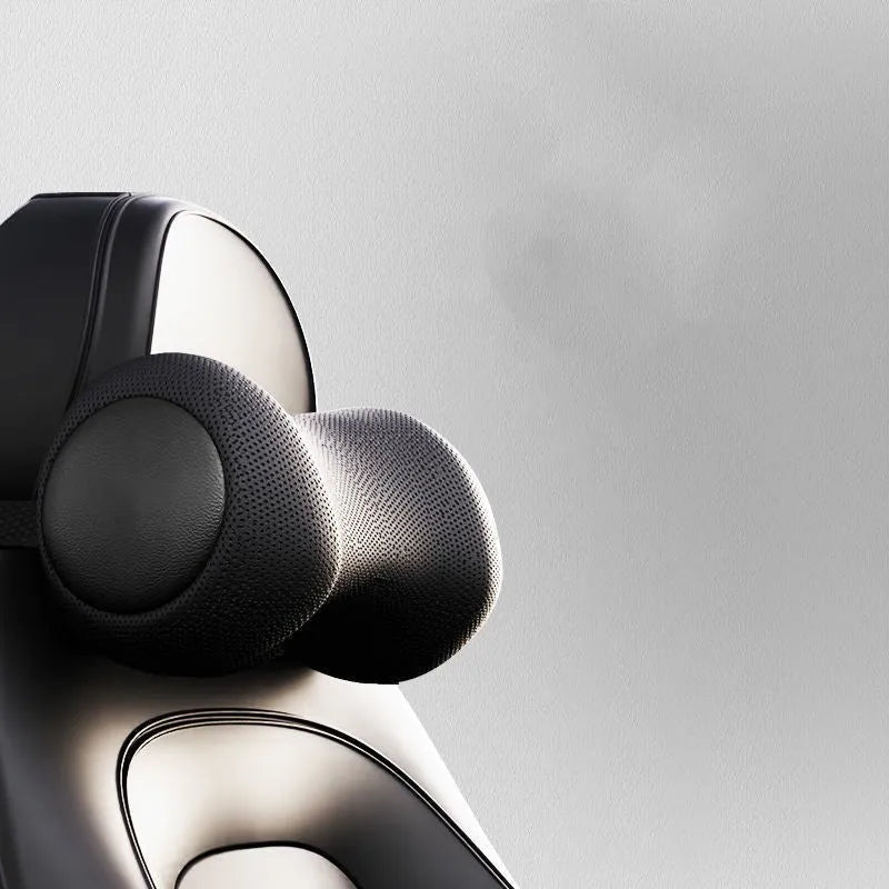Car seat electric massage cushion and headrest in memory foam, shown in grey colour.