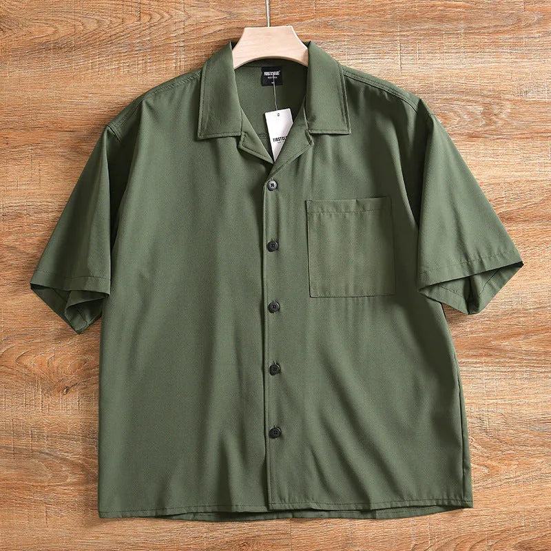 Men's loose-fit lightweight short sleeve shirt in solid colour, shown in Army Green.