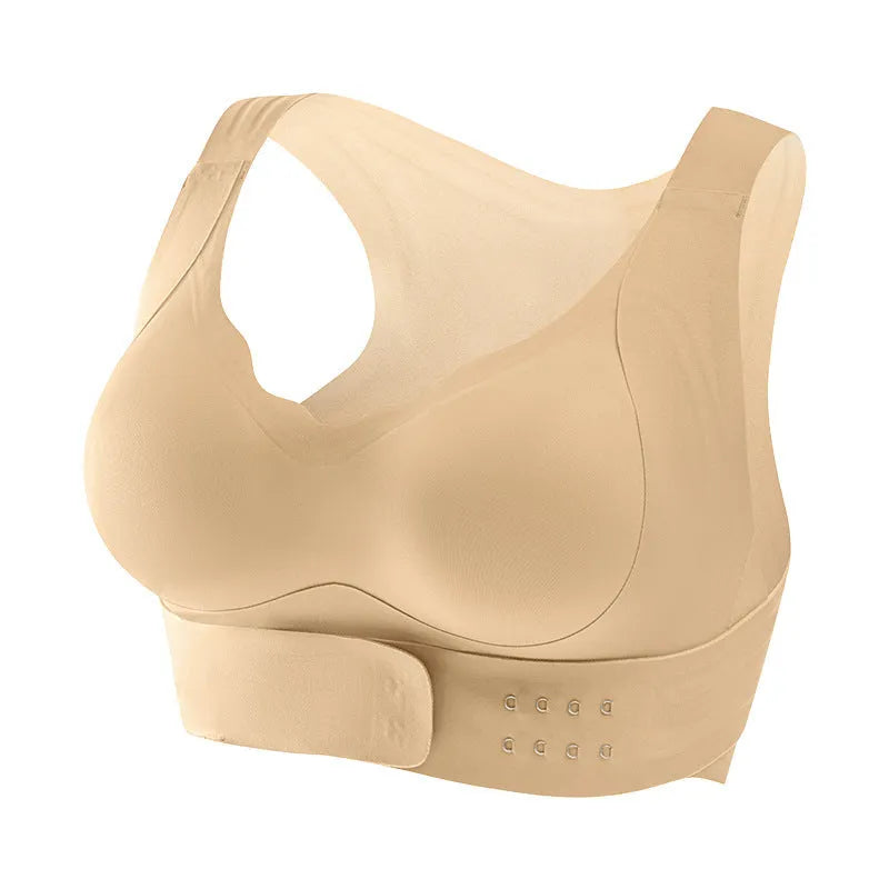 Women's black cross-back sports bra with a front buckle closure and moulded cups.