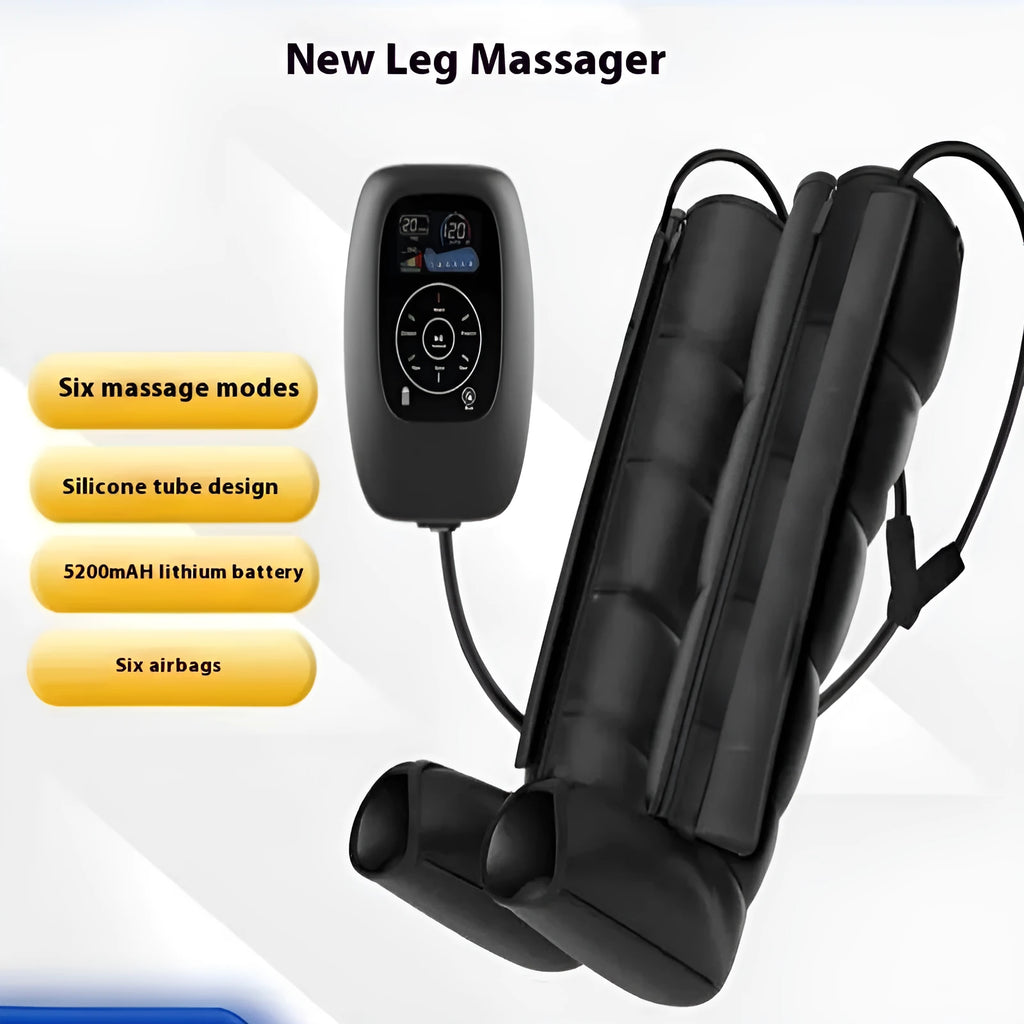 Air wave pressure massager unit with leg attachment, arm attachment, waist attachment, and handheld remote control.