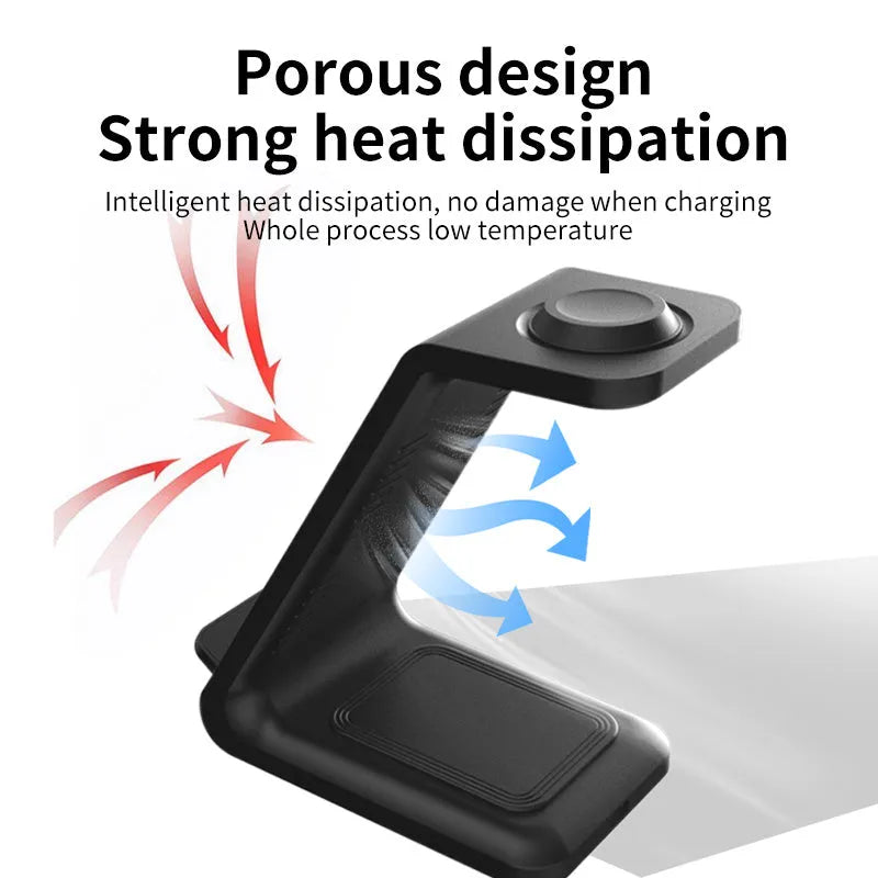 Black and white upright wireless phone charger with dual coil QC3.0 charging on desk