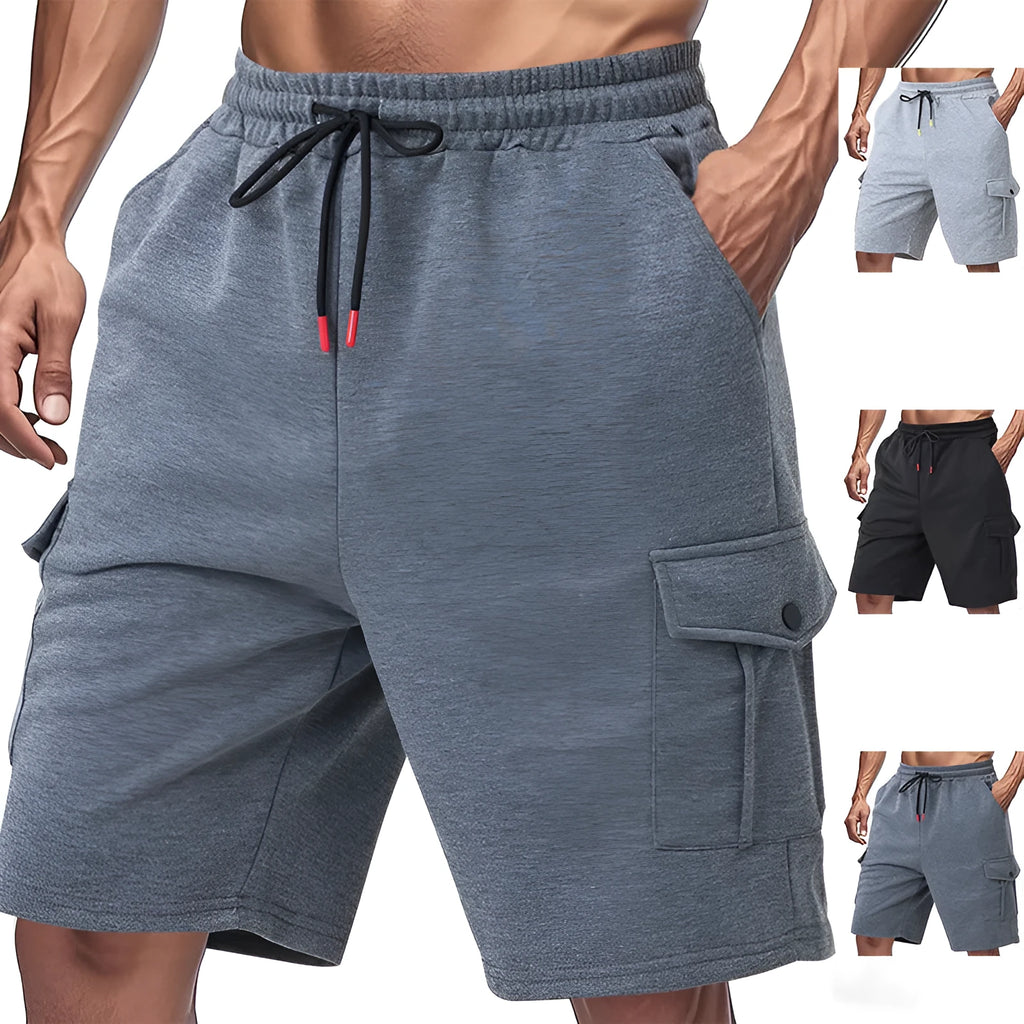 Men's heavy loose casual multi-pocket cargo shorts in light grey ring towel fabric
