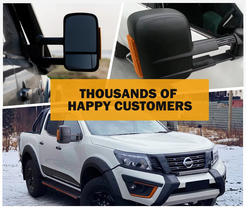 Black electric exterior side mirror for Nissan NP300 D23 model 2015 onwards.