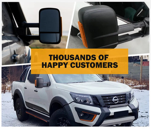 Black electric exterior side mirror for Nissan NP300 D23 model 2015 onwards.
