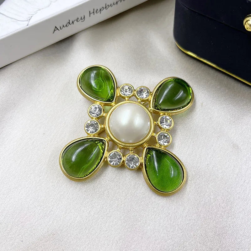 Vintage medieval baroque cross brooch with crystal accents in zinc alloy