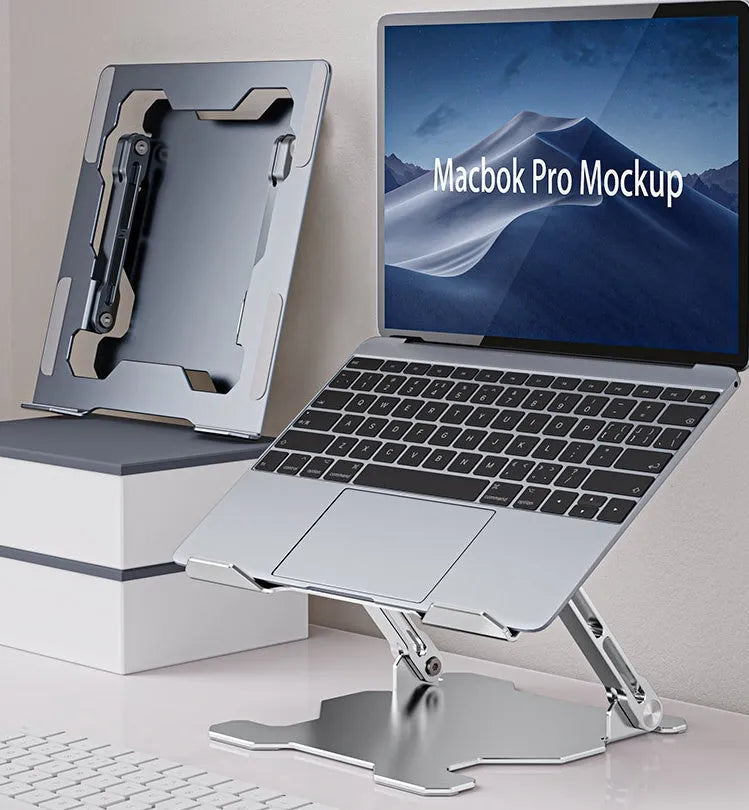Grey aluminium adjustable laptop stand with folding design for portable use