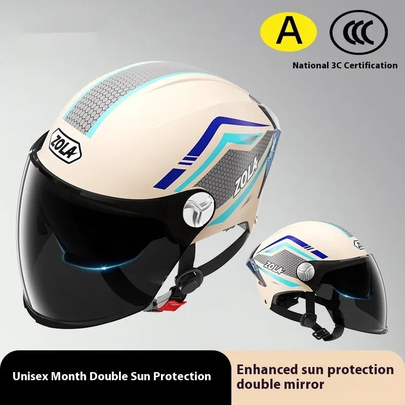 3C certified motorcycle half helmet with battery sun visor in light brown double mirror finish