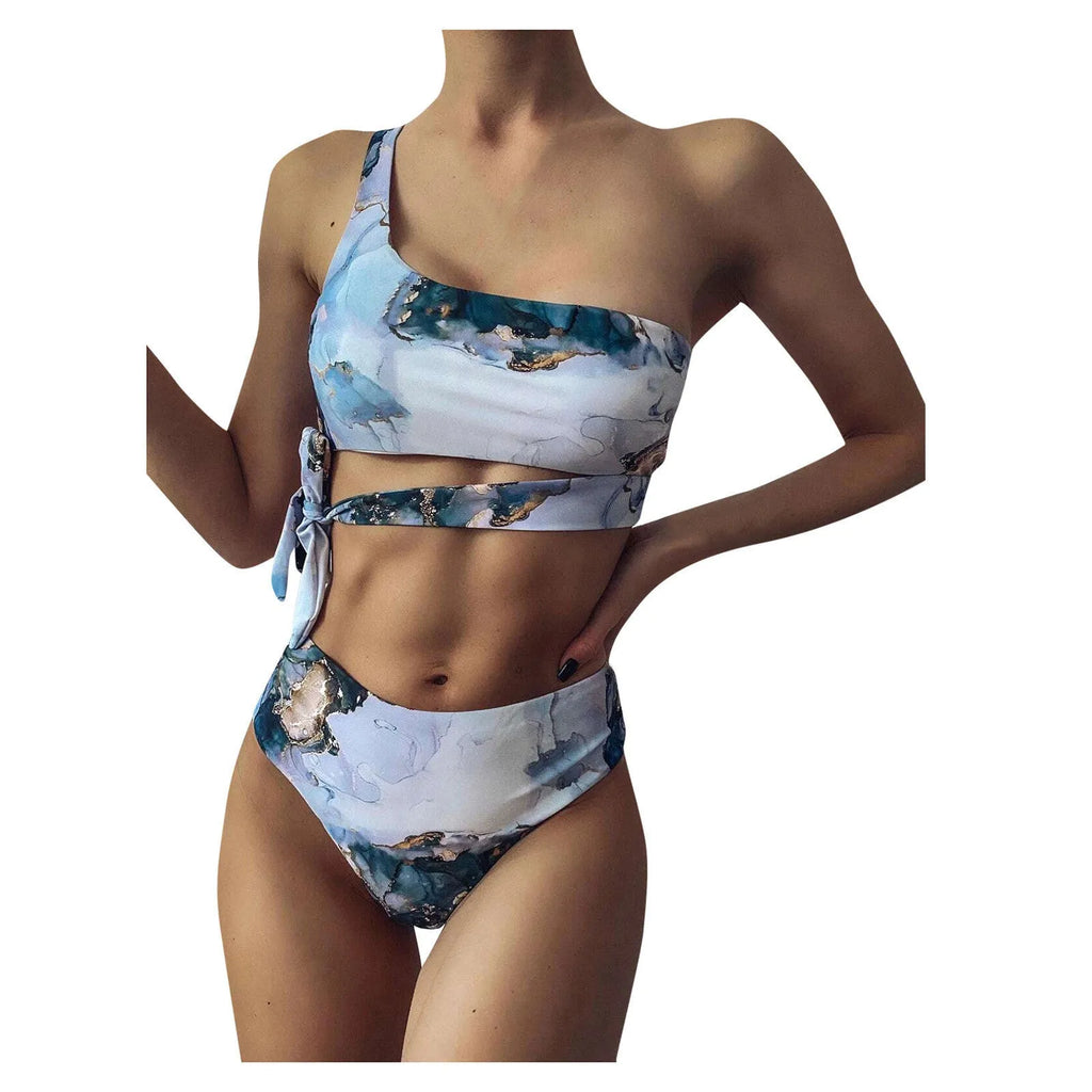Women's marble tie-dye high-waist bikini set with U-neck top for swimming sports
