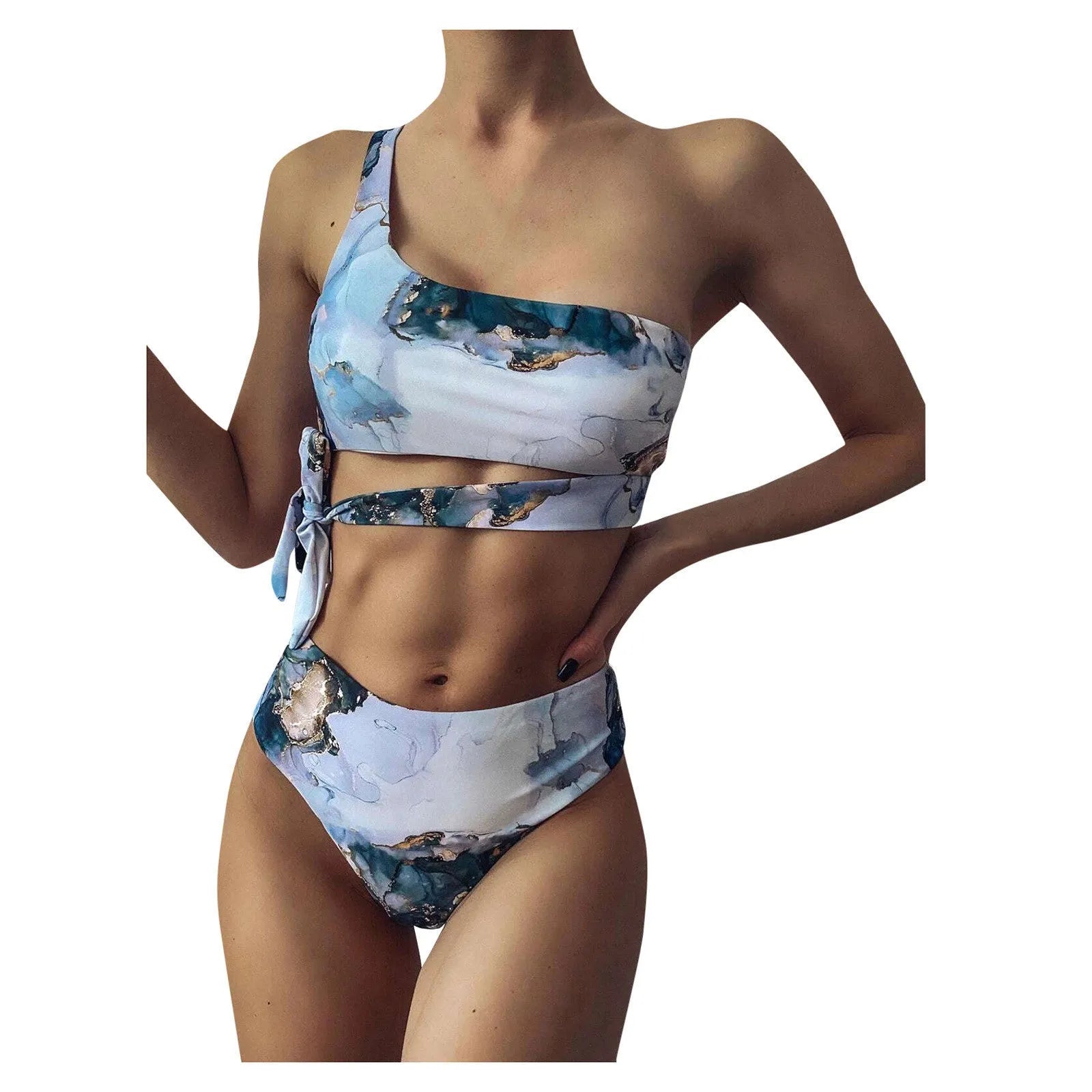 Women's marble tie-dye high-waist bikini set with U-neck top for swimming sports