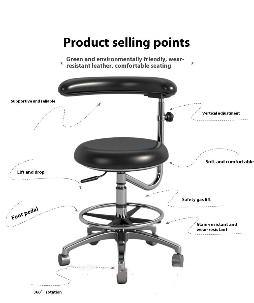 Black leather dental chair with a lift mechanism for hospital and surgery use.