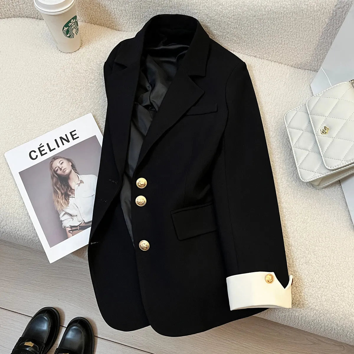 Women's Korean-style loose polyester coat in milky white with pockets