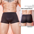 Men's black striped nylon underwear laid flat, showing thin transparent fabric and free-size fit.