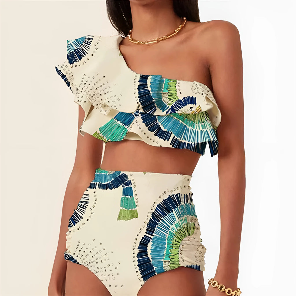 White women's one-shoulder swimsuit with lotus leaf detail and split design