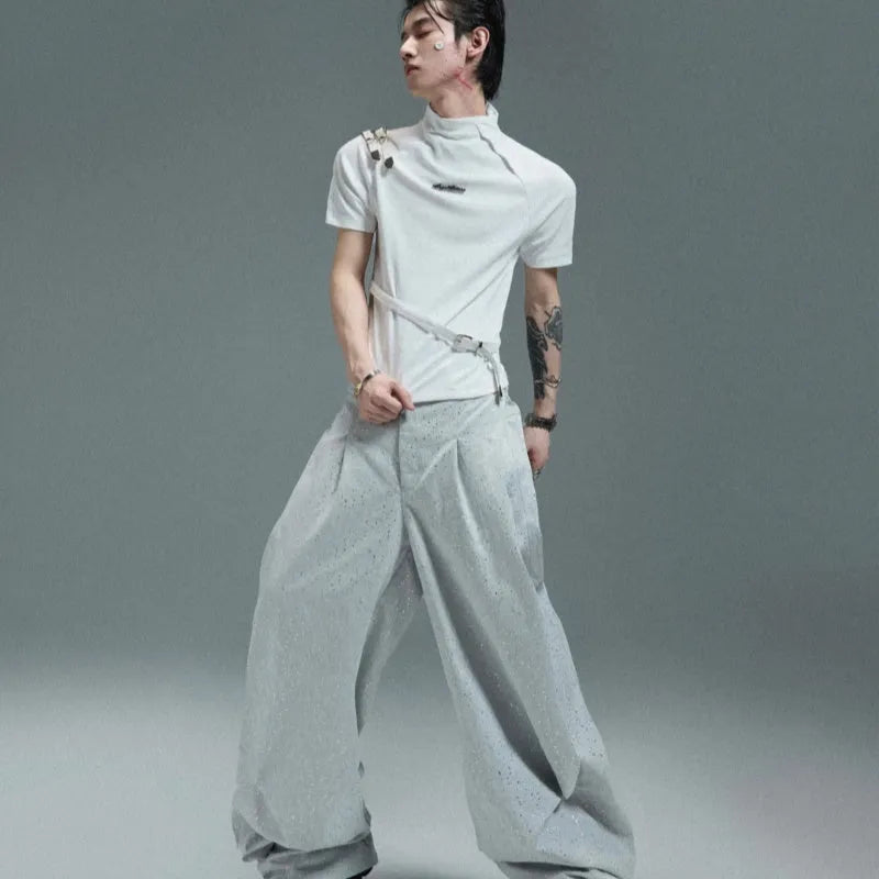 Men's cotton short sleeve T-shirt with stand-up collar in slim fit white and black colour options