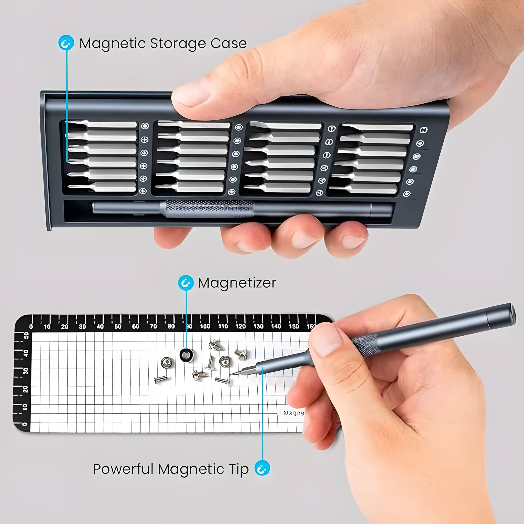 Compact 25-in-one magnetic screwdriver set with chrome vanadium steel shaft and black ABS handle.