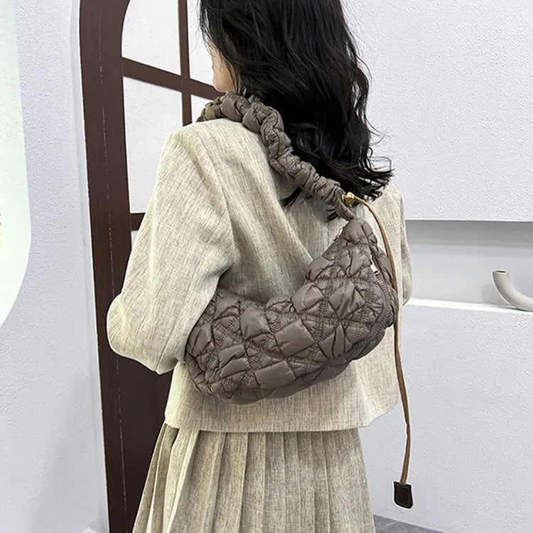 Women's nylon shoulder messenger bag in beige colour with adjustable strap