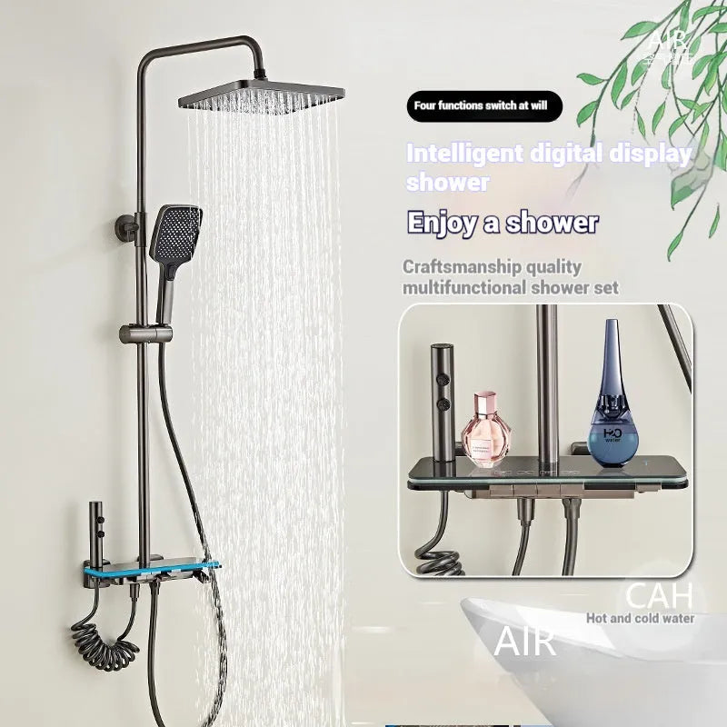 Aluminium digital display shower head set in white or grey finish with temperature readout.