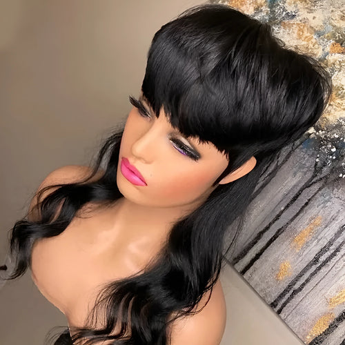 T7262 Black synthetic Brazilian wig with long straight hair and front bangs.