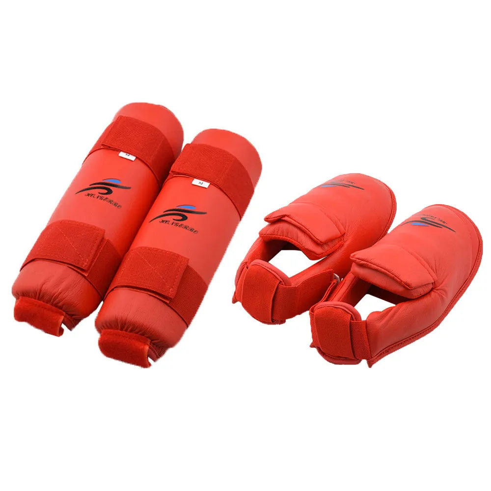 Karate and taekwondo protective gear set with leg guard, helmet, and boxing gloves in red or blue