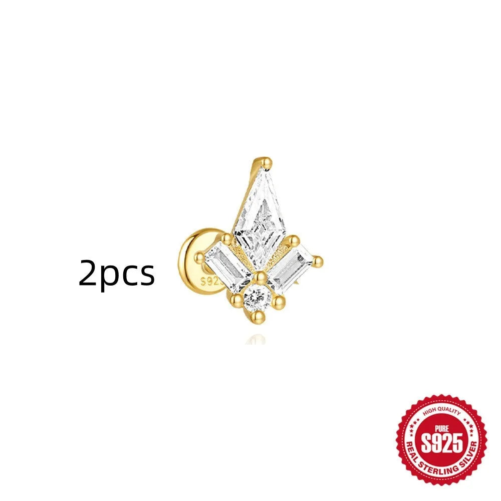 S925 sterling silver geometric kite-shaped earring with rhinestone chain tassel in a gold colour finish.