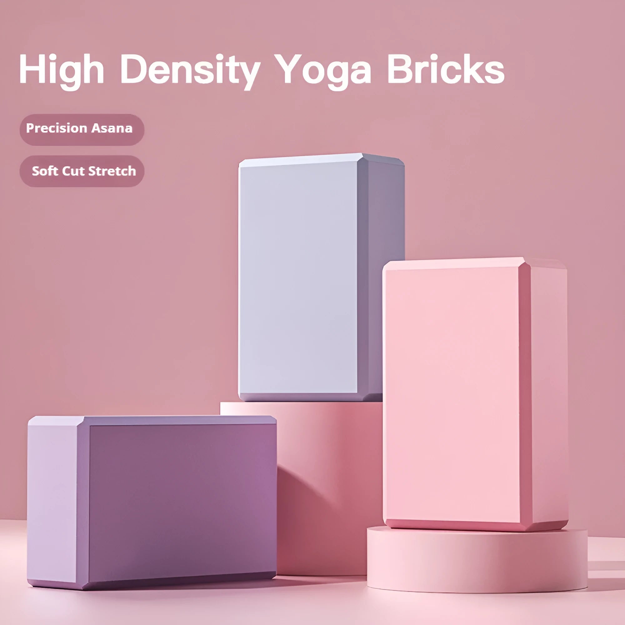 Blue high-density EVA yoga block on a gym mat, showing dimensions for scale.
