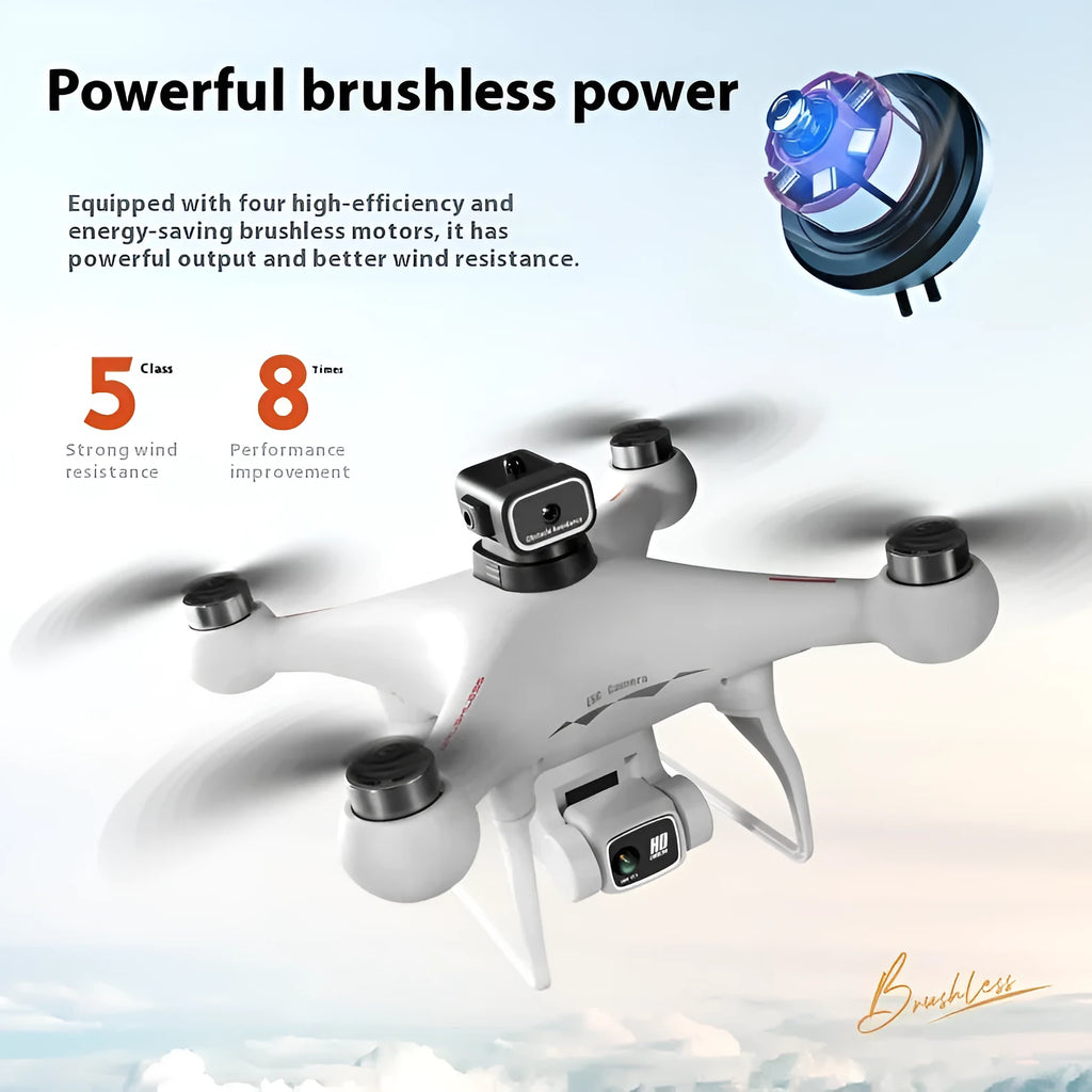 Black S116 brushless motor drone with four propellers and a camera, shown with its remote control.