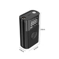 Wireless handheld digital display air pump with LED light and various nozzle attachments on a grey background.