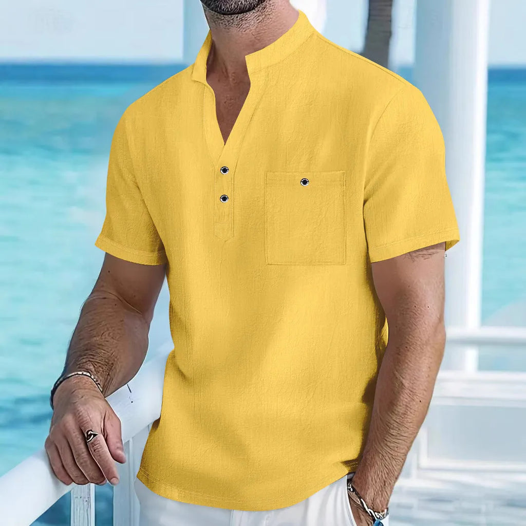 Men's linen stand collar t-shirt in light blue colour with short sleeves and loose fit