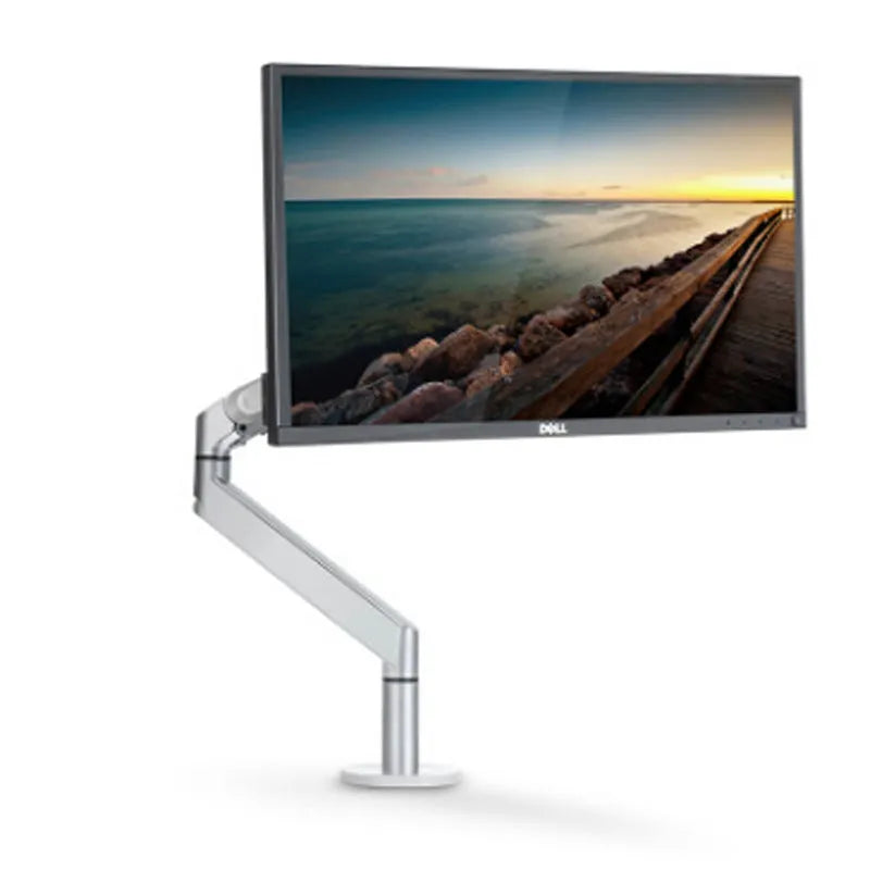 Silver aluminium alloy laptop stand with air pressure arm bracket on desktop