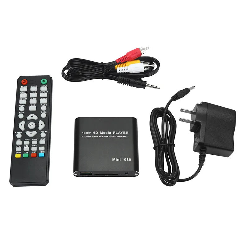 Blue 1080p HDMI media player with USB and SD card slots on compact all-metal chassis
