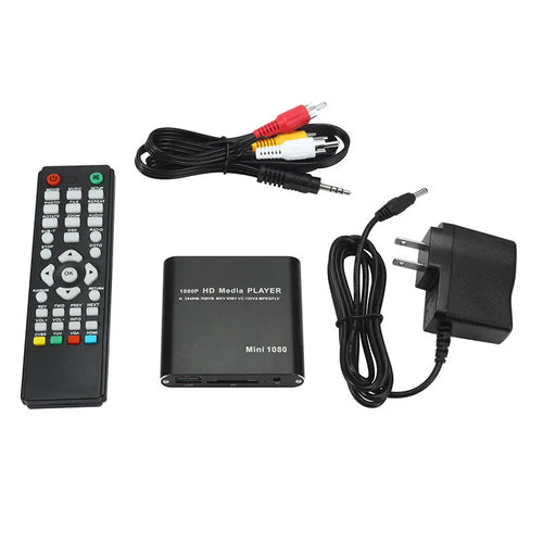 Blue 1080p HDMI media player with USB and SD card slots on compact all-metal chassis