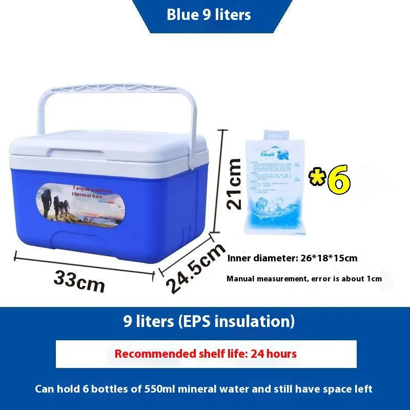 Blue portable insulated cooler bag with aluminium foil interior, shown in multiple size options.
