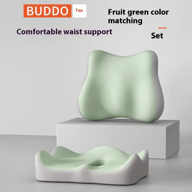 Memory foam waist rest seat cushion for office chairs shown in blue and grey colour combination