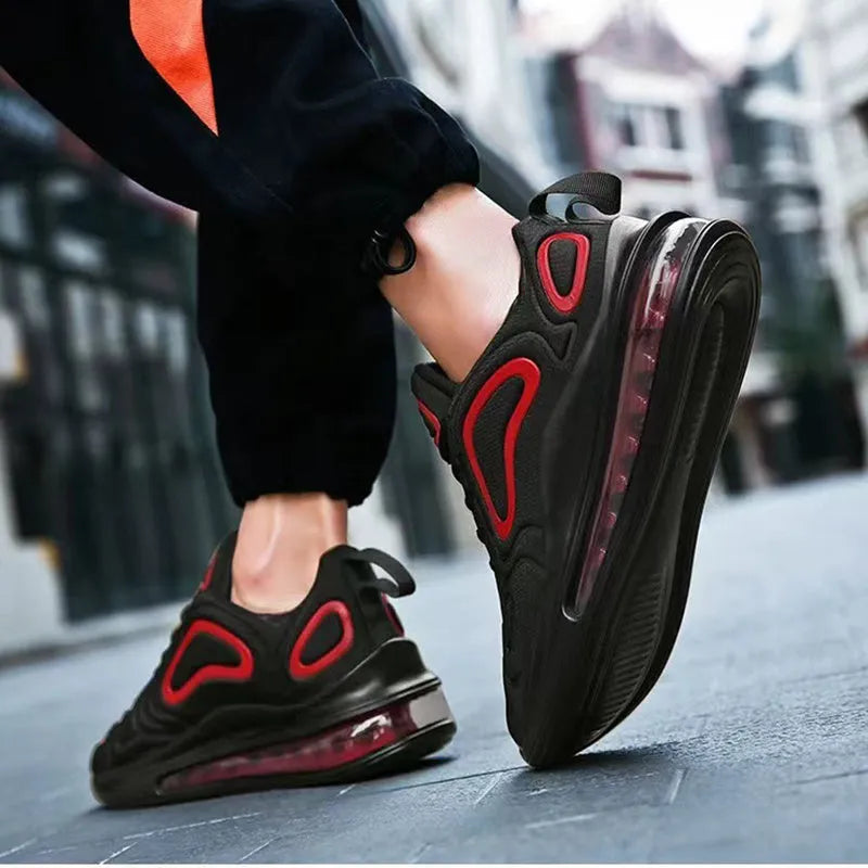 Men's black lace-up running sneakers with a thick sole and round toe design on a white background.