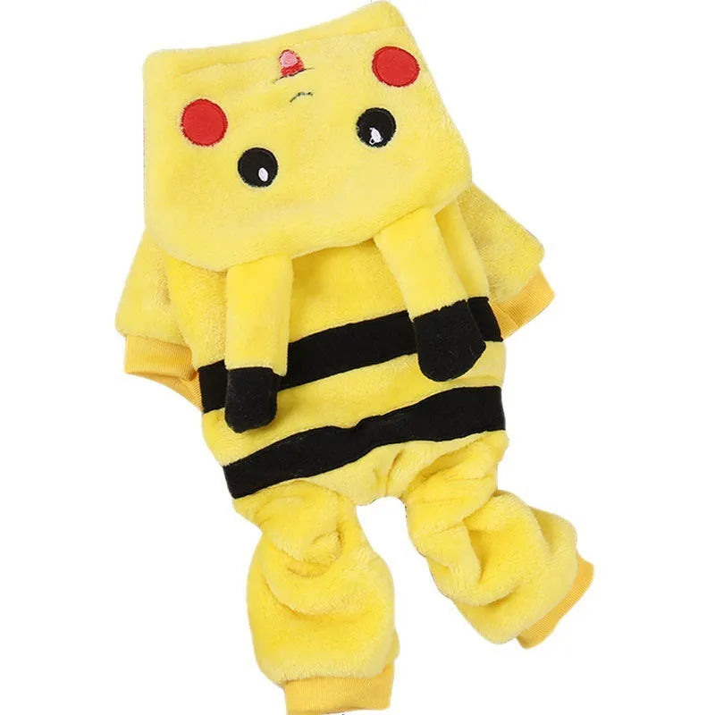 Pet fleece coat in cartoon costume design for cats and dogs, available in sizes XS to XXL