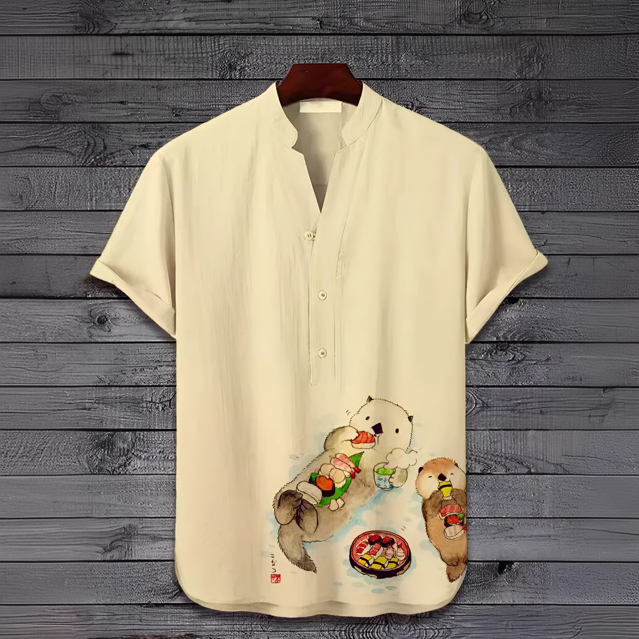 Man wearing a short sleeve shirt with a vivid 3D digital print of an animal graphic.