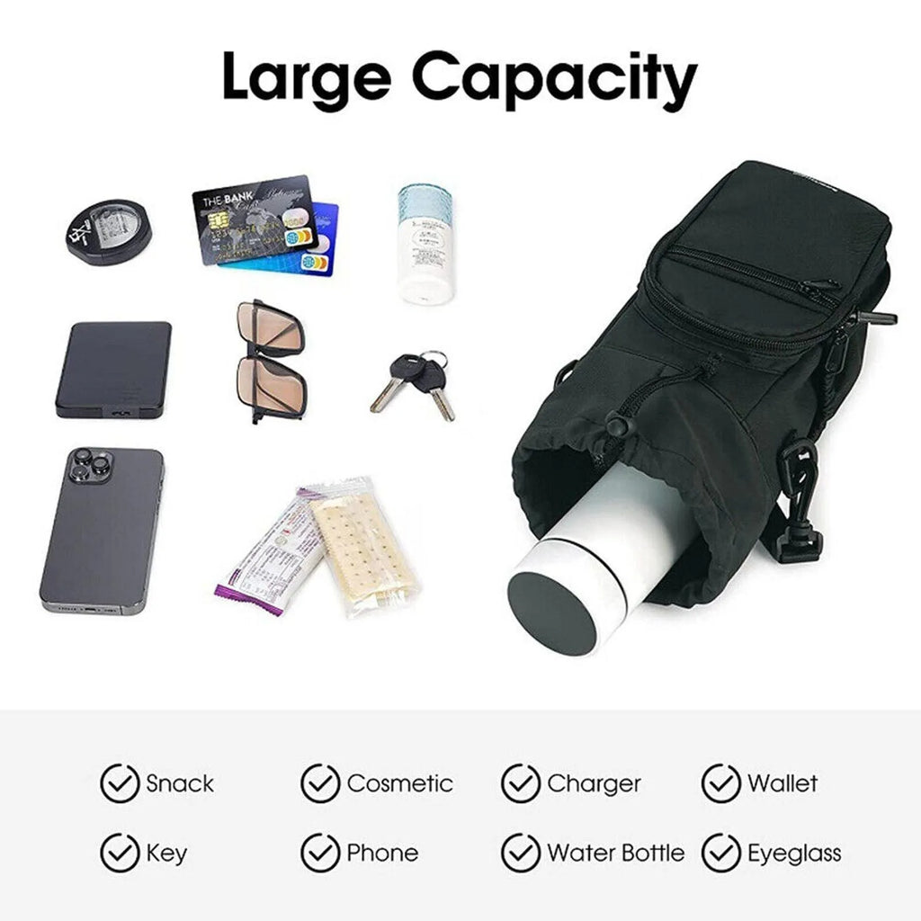 Cloth water bottle shoulder bag with crossbody strap in black, green, or pink colour