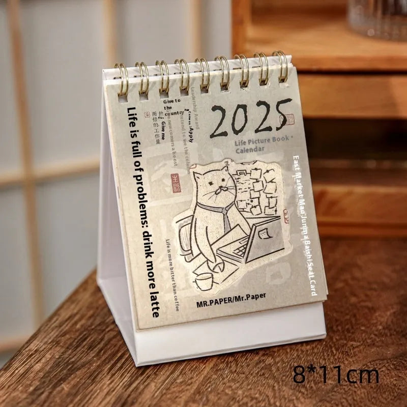 Mini coffee-themed desk calendar for 2025 showing daily pages and simple modern design