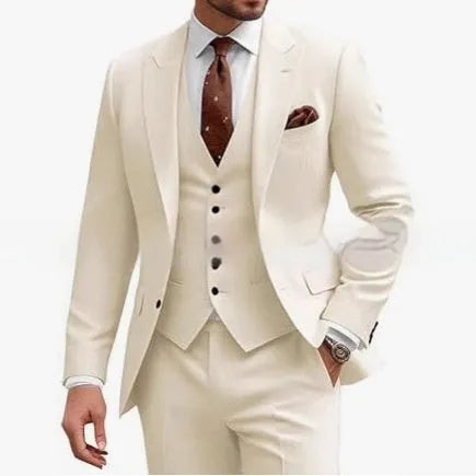 Men's slim fit three-piece suit in chemical fibre blend fabric available in multiple colours