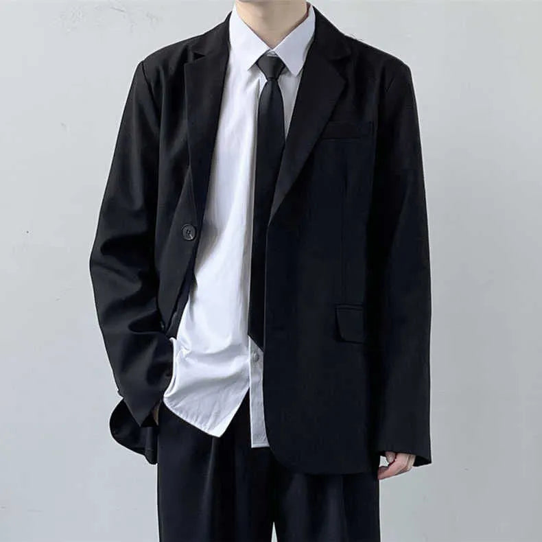 Plus size men's college style suit jacket set with trousers, white shirt and tie on hanger