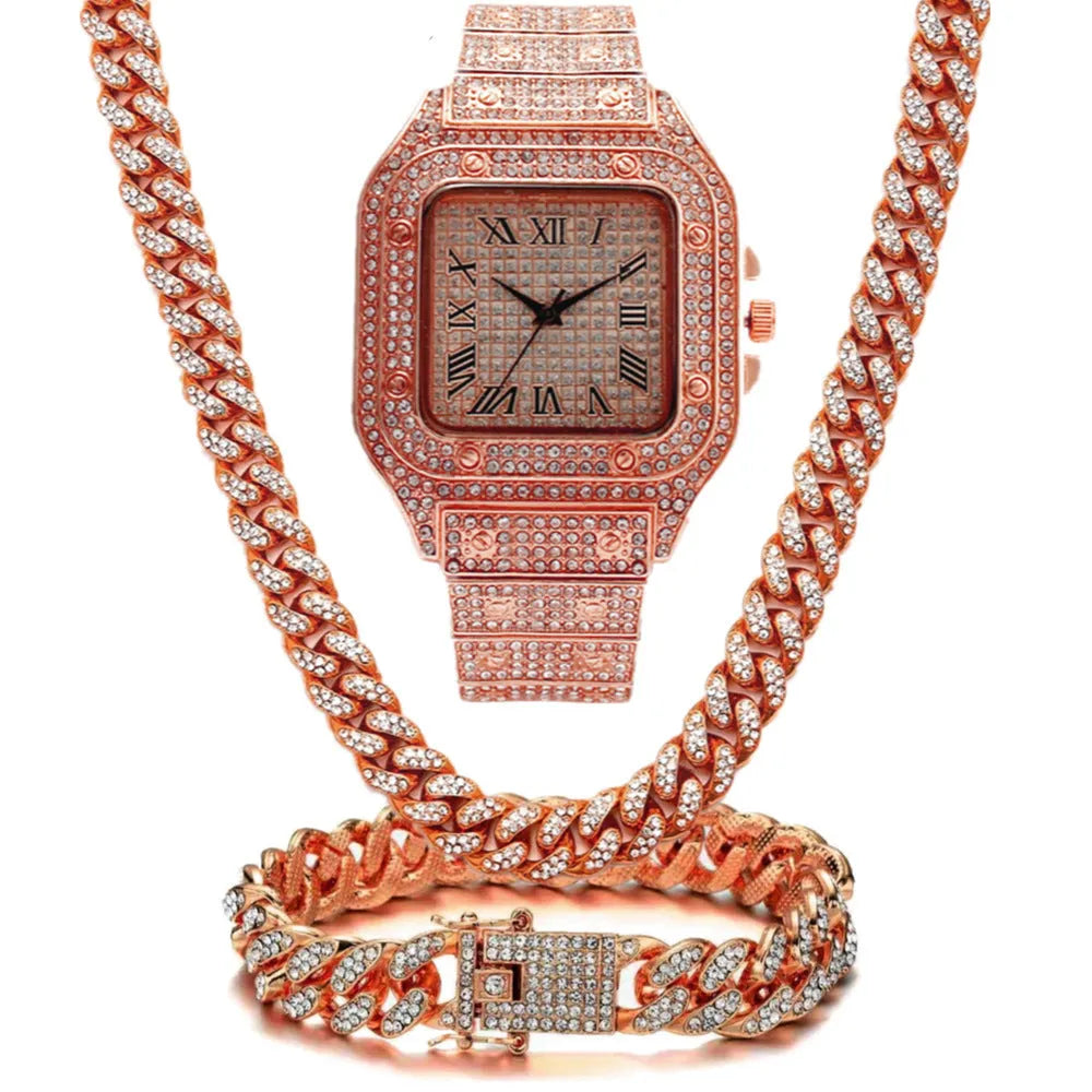 Roman grain graduation quartz watch set with square diamond dial and black mesh band with bracelet and necklace