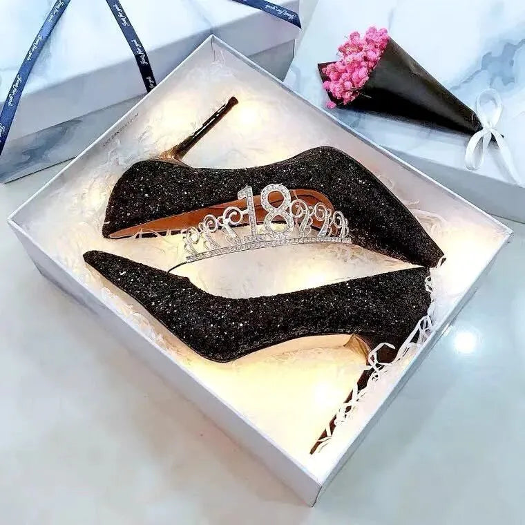 Women's wedding shoes with crystal decoration, stiletto heels in silver and black colours