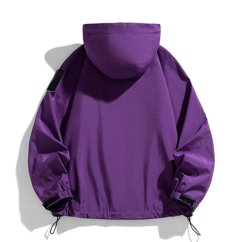 Men's black windproof waterproof hooded coat with long sleeves on a mannequin.