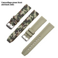 Green camouflage silicone watch strap showing 20mm width and buckle.