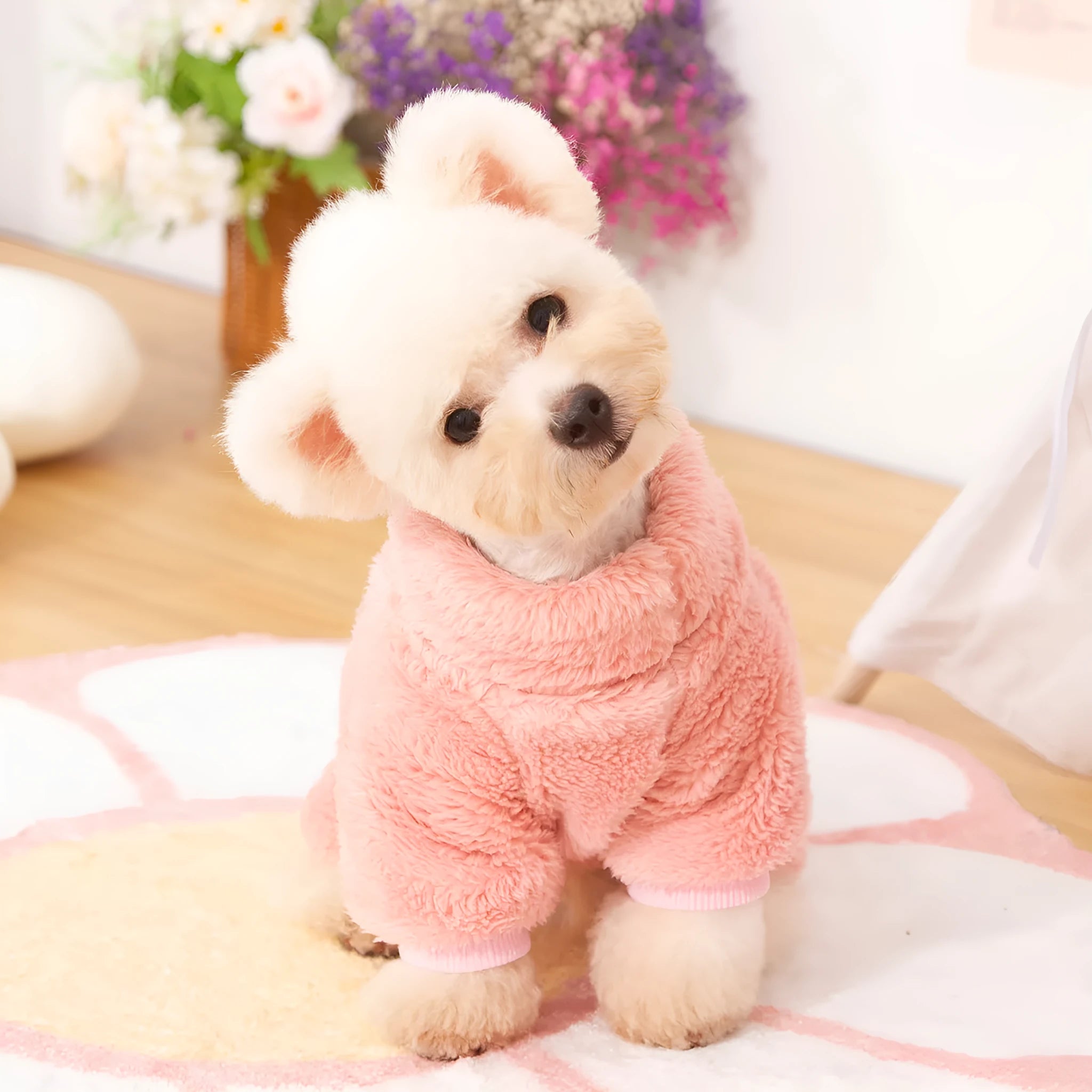 Double-sided thick plush dog clothes with four-legged design, high collar and towing ring in khaki colour