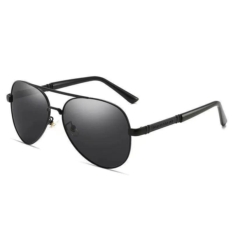 Men's metal frame polarised sunglasses in gold with grey lenses and dragon phoenix decoration.