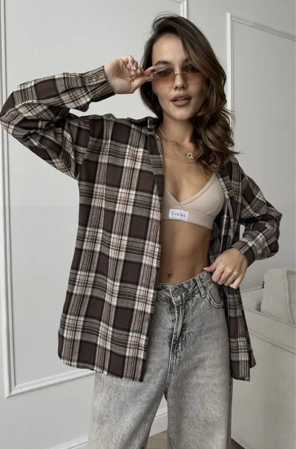 Dark brown retro women's long sleeve cotton shirt with striped pattern and collage stitching.